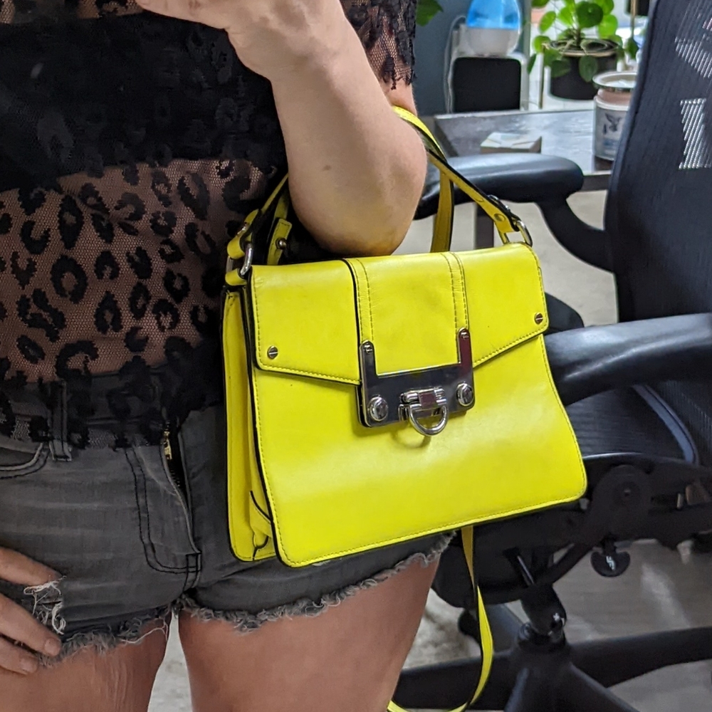 MILLY Neon Yellow Lime Leather Cross Body Luxe Buckle Bag - Picture 3 of 12